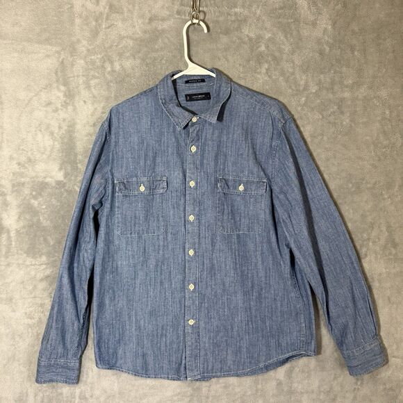 Lucky Brand Denim Button Shirt Men Large Cowboy Blue Chambray Button Up Classic - Picture 1 of 8
